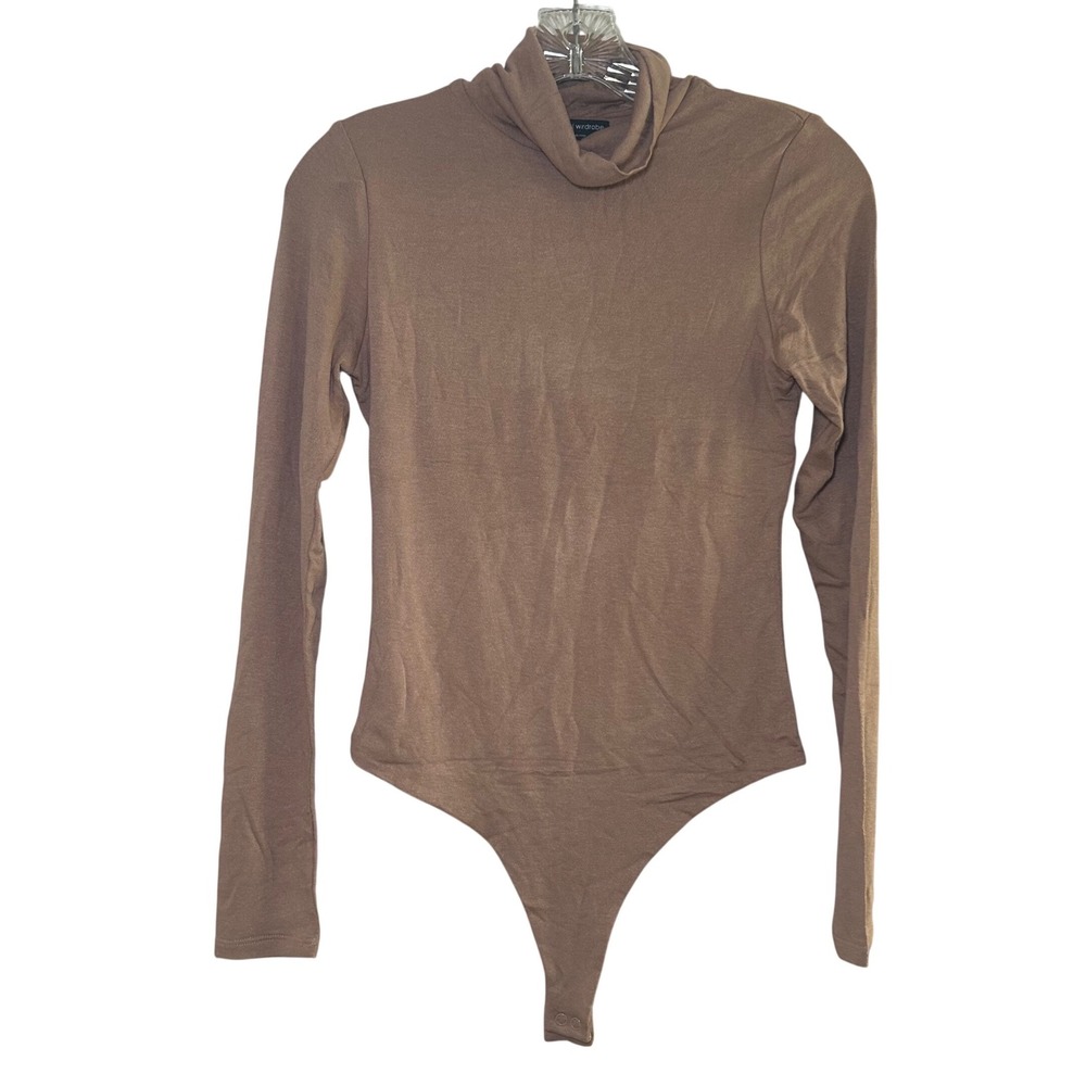 NWOT Naked Wardrobe Womens Turtleneck Long Sleeve Thong Bodysuit Tan Size L